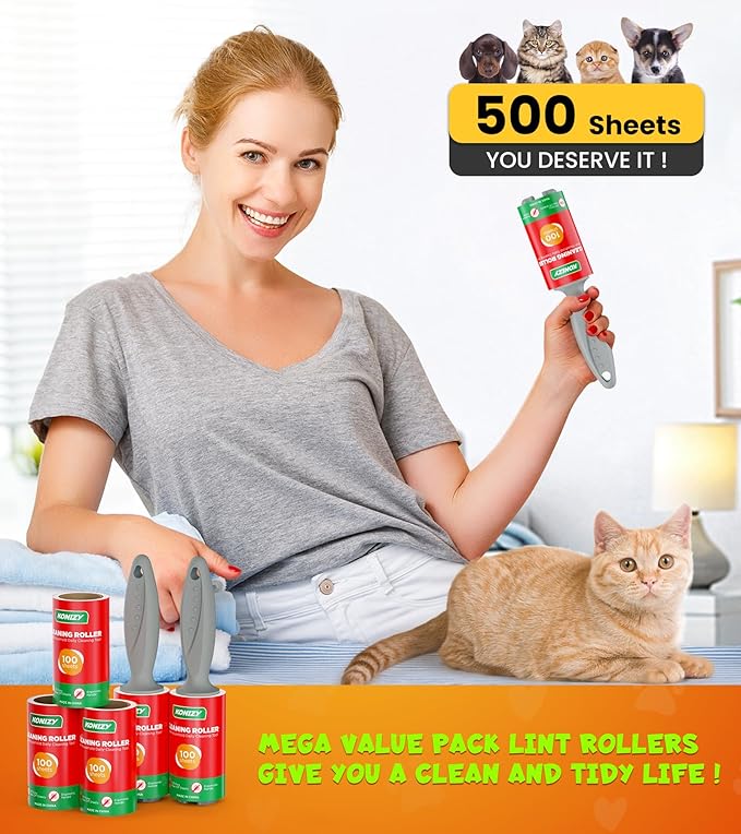 Lint Rollers for Pet Hair Extra Sticky, 500 Sheets Mega Value Set Roller with 2 Upgraded Handles, 5 Portable Lint Roller for Clothes, Furniture, Carpet, Dog & Cat Hair Remover