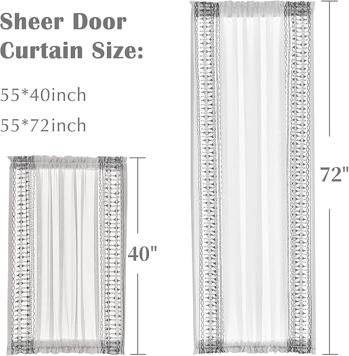 jinchan French Door Curtain Privacy Boho Embroidered Semi Sheer Voile Front Curtain for Window Doorway Closet, Door Panel with Tieback Rod Pocket 1 Panel (Grey on White, 55W x 72 L Inch)