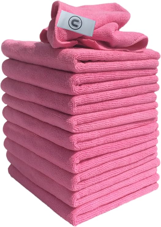 Microfibre Cleaning Cloth, Pink, Pack of 10, Large: 15.7'' x 15.7'' (40x40 cm) - Super Soft Premium Streak Free Washable