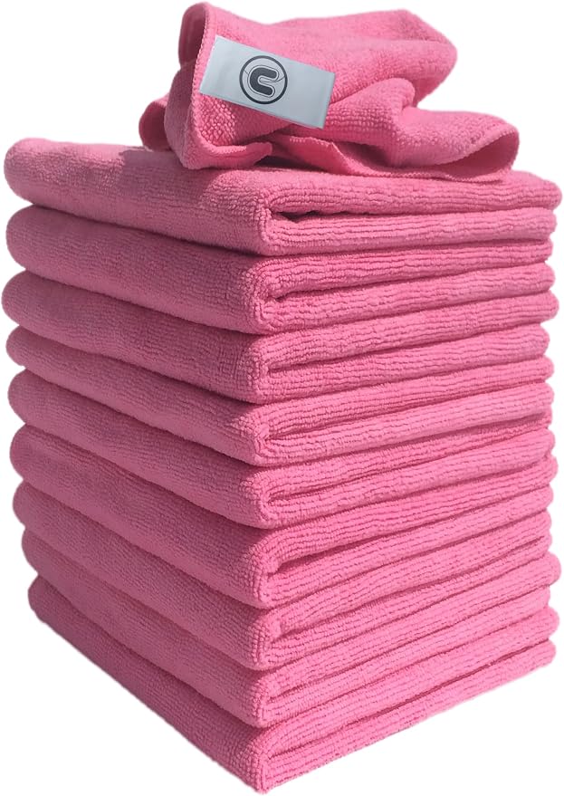 Microfibre Cleaning Cloth, Pink, Pack of 10, Large: 15.7'' x 15.7'' (40x40 cm) - Super Soft Premium Streak Free Washable