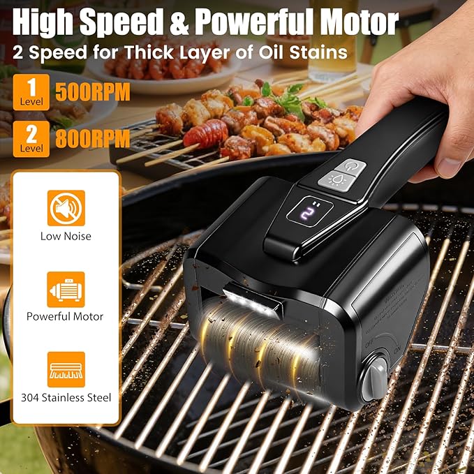Electric Grill Brush for Outdoor Grill,Electric Grill Cleaner with 800 RPM Motor,Stainless Steel No Shedding Bristle Head,Cordless & Type-C Rechargeable,4000mAh BBQ Grill Brush with LED Light