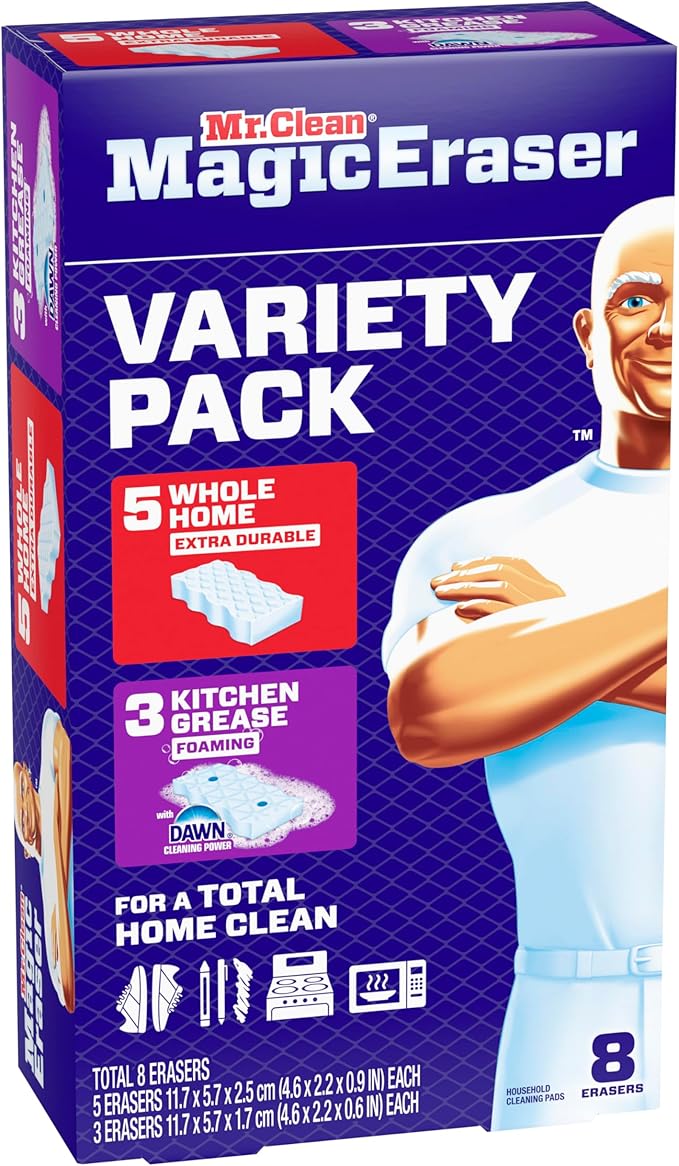 Mr. Clean Magic Eraser Sponge, All Purpose Cleaner, Cleaning Scrubber, Wall, Kitchen, Bathroom, Shower Cleaner, Melamine Sponge, Cleaning Pads, Variety Pack, 5 Extra Durable, & 3 Grease Magic Erasers
