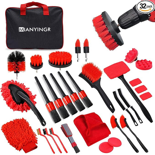 32Pcs Red Car Detailing Kit – Brush Set & Cleaning Kit with Drill Brush, Polishing/Waxing Pads, Interior/Exterior Tools for Wheels & Windshield – Portable Handbag