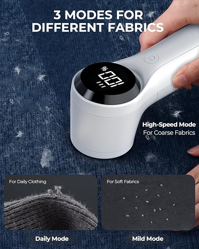 FrSara Fabric Shaver, Rechargeable Lint Remover, 3-Speed Electic Lint Shaver, 6-Blade Sweater Shavers to Remove Pilling, Battery Powered with LED Display for Furniture,Clothes, Upholstery, White