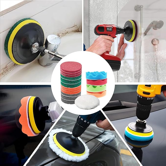 32 Pack Drill Brush Attachments Set Scrub Pads Sponge Buffing Pads Crevice Cleaning Brush for Home Bathroom Car Kitchen Corners Sink Stubborn Stains Tiles Car Polishing Kit