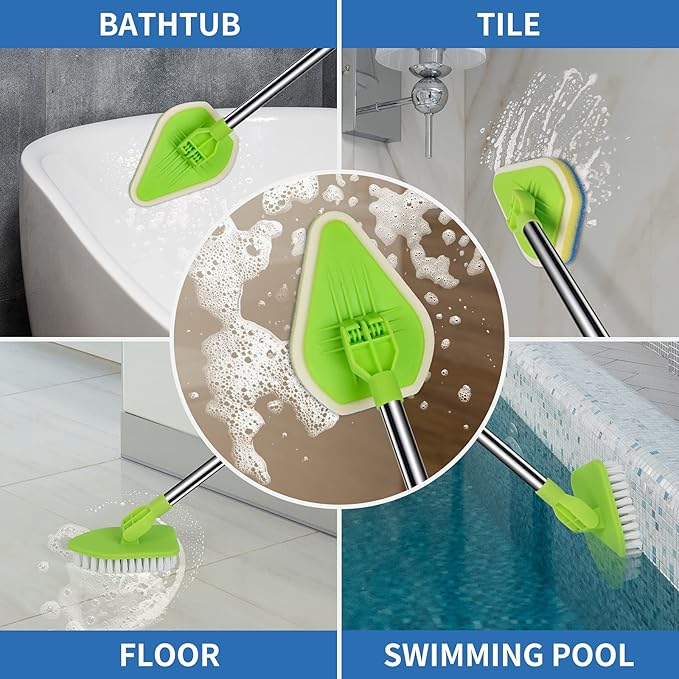 2 in 1 Scrub Cleaning Brush with 37” Long Extendable Handle,1 Stiff Bristle and 3 Sponge Brushes, Lightweigh Detachable Shower Scrubber for Cleaning Bathroom Shower Bathtub Glass Tile Floor
