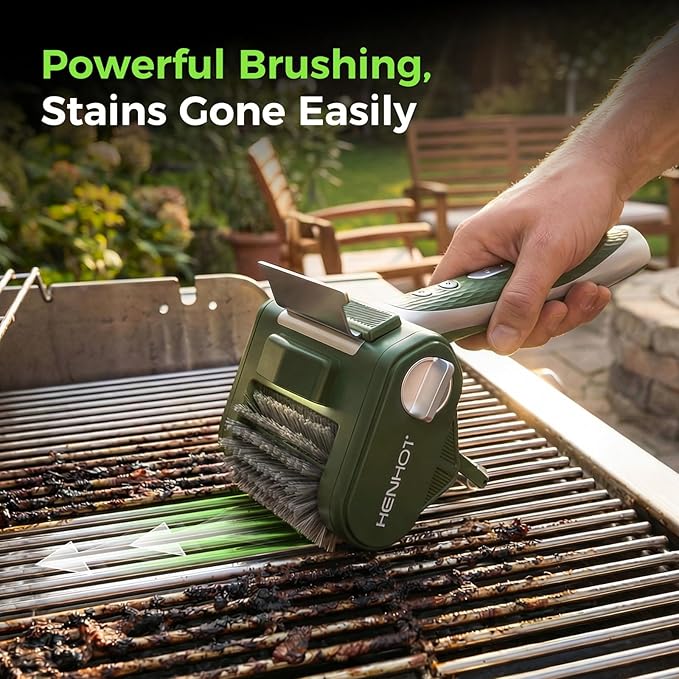 Electric Grill Brush - Heavy Duty Cordless BBQ Grill Cleaning Brush with High Torque, LED Light, Detachable Stainless Steel Head, Support Roller, for Outdoor Cast Iron & Stainless Steel Grates