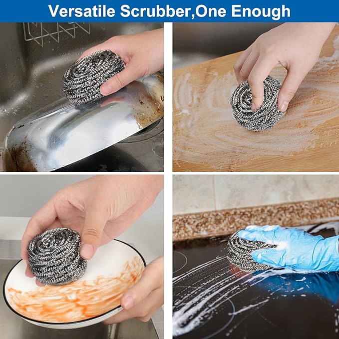 10 Pack Stainless Steel Scrubber, Steel Wool Srubber for Scouring Stubborn Messes from Pots and Pans, Stoves,Broiler Racks,Grills and More