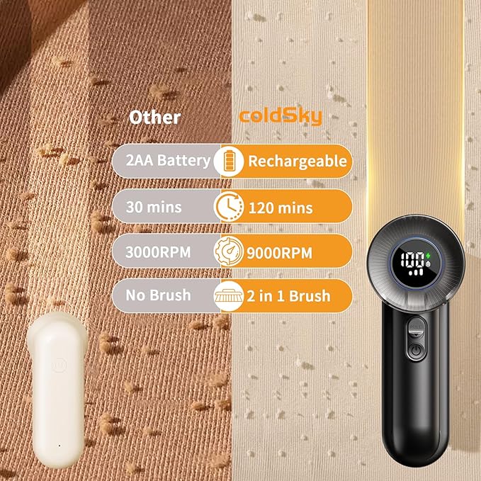 coldSky Fabric Shaver Rechargeable, 2-in-1 Electric Fabric Shaver & Lint Remover, 3-Speed LED Digital Display Sweater Defuzzer for Clothes, Furniture, Couch - Removes Lint, Hairball, Fuzz - Black