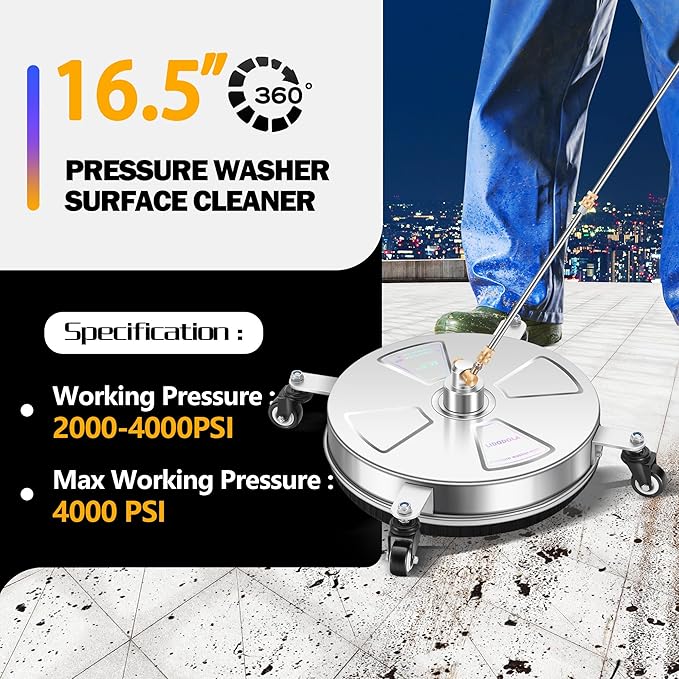 16" Pressure Washer Surface Cleaner with 4 Wheels - Stainless Steel Surface Cleaner for Pressure Washer Attachment for Concrete, Patio, Sidewalk, Deck, Driveways and Daily Washing - PWS 16