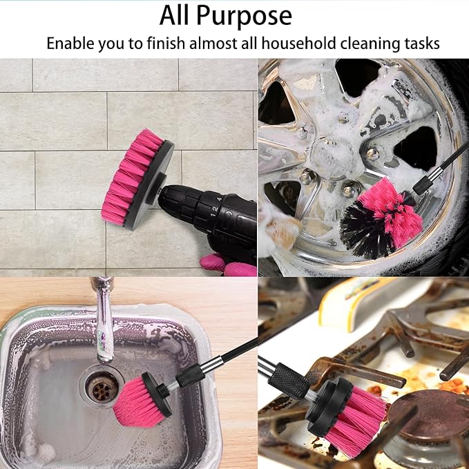8 Pack Drill Brush Attachment Set, 1/4in Power Scrubber Brush + Extend Long Rod, Multi-Purpose Power Cleaning Scrub Brush for Bathroom, Tub, Tile, Corner, Floor(Hot Pink)