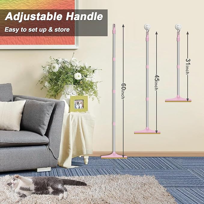 B-Land Carpet Rake for Pet Hair Removal, Reusable Pet Hair Remover with 60” Adjustable Long Handle, Carpet Scraper Dog Cat Hair Remover Tool for Rugs, Mats, Couch, Furniture Pink