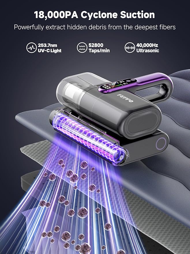FEPPO Cordless Mattress Vacuum Cleaner, 18Kpa Bed Vacuum with 253.7nm UV-C Light, Ultrasonic, Dust Sensor & LED Display, 52800 BPM Handheld Vacuums for Bed, Sofa, Couch, Crib