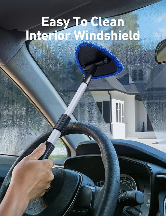 AstroAI 21" Windshield Cleaner Tool, Car Interior Detailing Cleaning Kit with Extendable Handle and 4 Upgraded High-Density Reusable Microfiber Pads, Auto Glass Wiper Brush Kit for Cars, Blue, 2 Pack