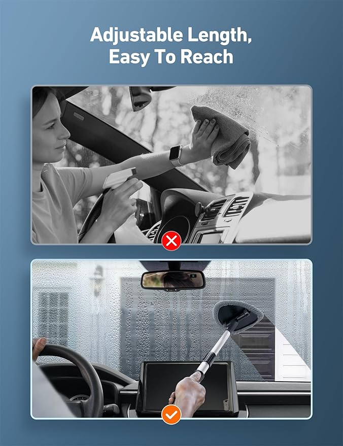 AstroAI 21" Windshield Cleaner Tool, Car Interior Detailing Cleaning Kit with Extendable Handle and 4 Upgraded High-Density Reusable Microfiber Pads, Auto Glass Wiper Brush Kit for Cars, Gray, 2 Pack