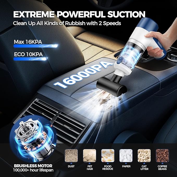 Car Vacuum Cleaner Cordless, 4 in 1 Portable Vacuum Cleaner 16000PA High Power Air Duster & Air Blower & Pump, Rechargeable Handheld Vacuum with Brushless Motor, Multi-Nozzles for Car, Home, Office