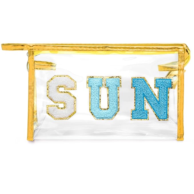 Y1tvei Clear SUN Makeup Bag - Preppy Blue SUN Chenille Varsity Letter Cosmetic Bag PVC Transparent Zipper Waterproof Bea