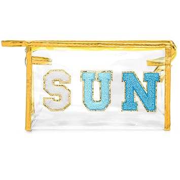 Y1tvei Clear SUN Makeup Bag - Preppy Blue SUN Chenille Varsity Letter Cosmetic Bag PVC Transparent Zipper Waterproof Bea