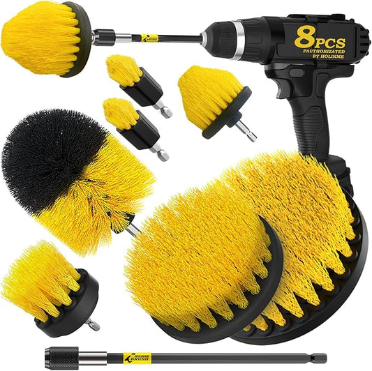 Holikme 8 Piece Drill Brush Attachments Set, Power Scrubber with Extend Long Attachment，Cleaning Supplies for Bathtub, Shower, Grout, Tile(Yellow)