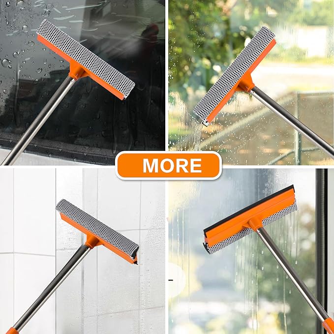 15.9" Window Squeegee with Extension Pole - 2-in-1 Glass Cleaner and Sponge Scrubber for Shower, Car Windshield, Home and Outdoor High Windows with Stainless Steel Handle