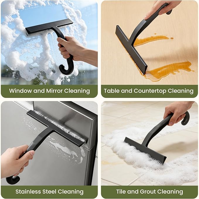 Shower Squeegee for Glass Doors - 10 Inch Ergonomic Round Grip, All-in-One Silicone Design with Built-in Hook Design for Easy Hanging, Efficient for Bathroom, Tile Wall, Car