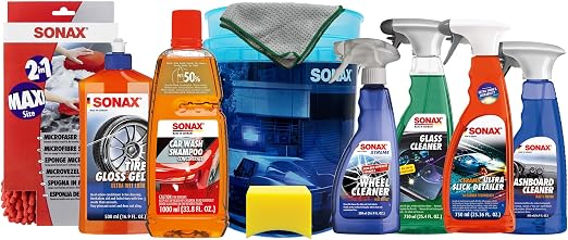 SONAX Ultimate Car Detailing Kit | 11-Piece Complete Car Care Set | Car Wash Shampoo, Wheel Cleaner, Tire Gloss Gel, Cer