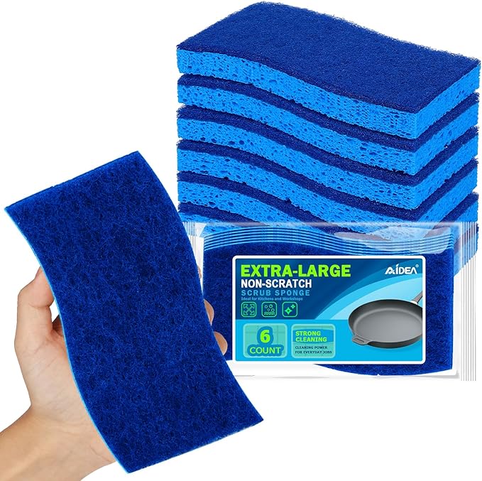 AIDEA XL Scrub Sponges Non-Scratch 6Count, Extra Large Sponges Kitchen, Sponge for Dishes, Cleans Fast Without Scratching Safe for Non-Stick Cookware, Cleaning Power for Kitchen, House