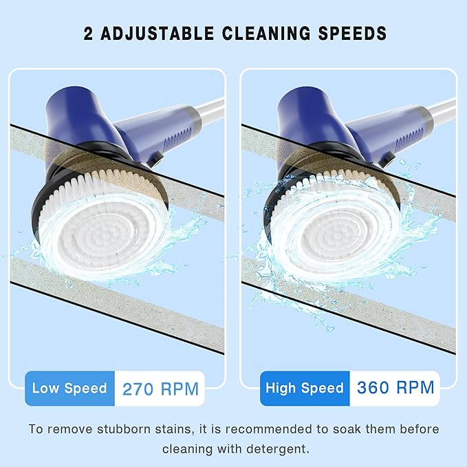 KEROMEE Electric Spin Scrubber Cordless Bathroom Scrubber with Adjustable Long Handle, 2 Speeds Power Cleaning Brush with 7 Replaceable Brush Heads for Bathtub, Tile, Floor (Blue)