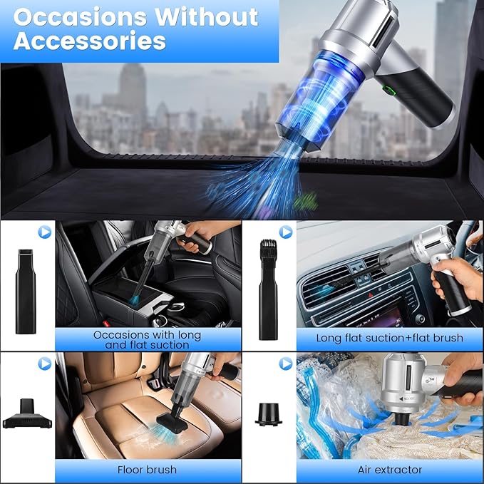 Car Vacuum Portable Cordless with 18000PA Super Suction, 4 in 1 Portable Air Blower/Car Vacuum 90°Foldable Handheld Rechargeable Brushless Motor, Gifts for Men for Home, PC