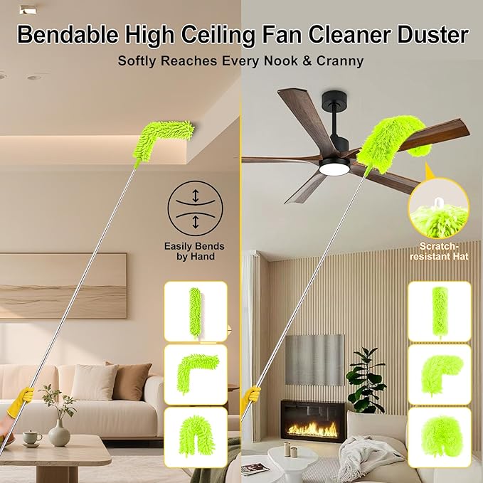 Tiumso Duster with Extension Pole 100 inch Extendable Reusable Dusters for Cleaning 5-in-1 Anti-Spin Dusting Kits for High Ceiling Fans, Cobwebs & Vents, Reinforced Stainless Steel Telescopic Handle