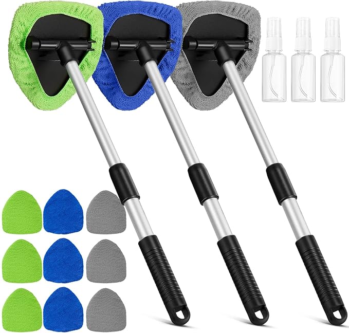 Tallew 3 Pcs Microfiber Car Windshield Cleaner Tool Car Interior Detailing Cleaning Kit with Extendable Handle and 9 Reu