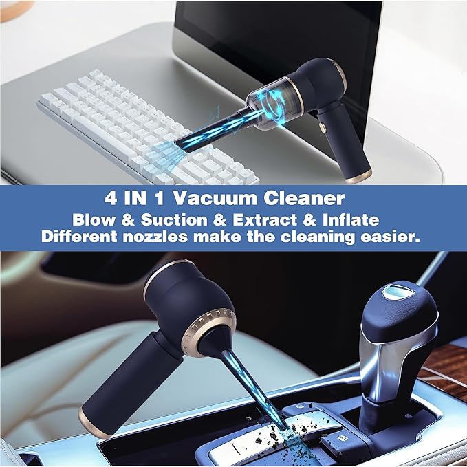 Handheld Car Vacuum Portable Cordless, 4 in 1 Mini Vacuum Cleaner High Power, 4000Pa Suction, Air Duster, 4000mAh, Multi-Nozzles for Car, Home, Office & Pet Cleaning