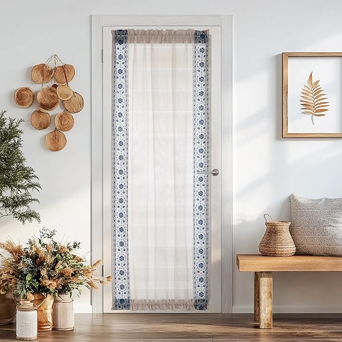 jinchan French Sheer Volie Door Curtain Embroidered Farmhouse Linen Curtain for Patio Door with Tie up Bows Light Filtering for Door Window Closet Rod Pocket 72 Inches 1 Panel Blue on Beige