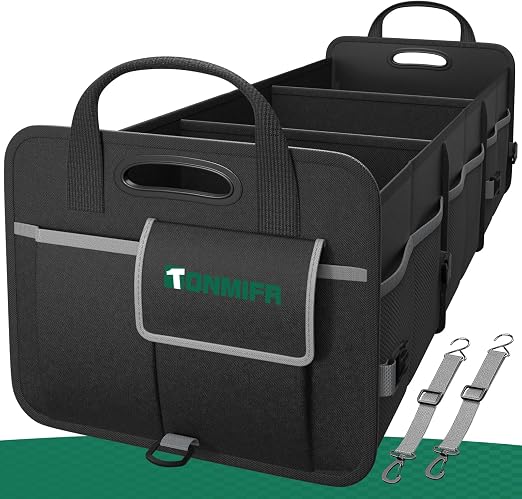 Heavy-Duty Trunk Organizer & Multi-Compartment Storage Box for SUV/Sedan/Minivan,600D Waterproof Oxford,2 Securing Hooks