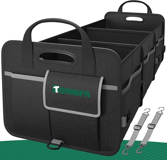 Heavy-Duty Trunk Organizer & Multi-Compartment Storage Box for SUV/Sedan/Minivan,600D Waterproof Oxford,2 Securing Hooks