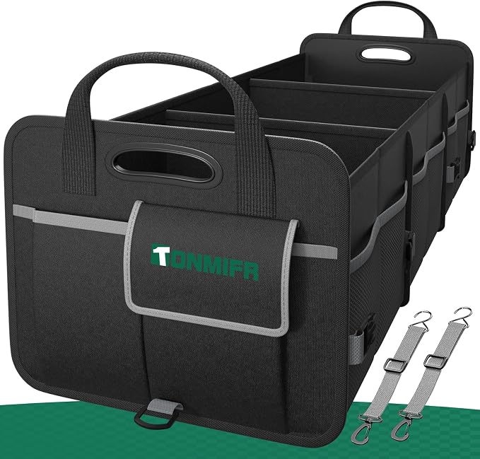Heavy-Duty Trunk Organizer & Multi-Compartment Storage Box for SUV/Sedan/Minivan,600D Waterproof Oxford,2 Securing Hooks