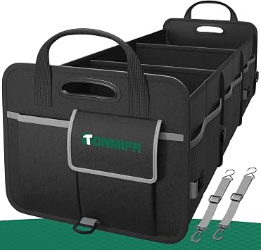 Heavy-Duty Trunk Organizer & Multi-Compartment Storage Box for SUV/Sedan/Minivan,600D Waterproof Oxford,2 Securing Hooks