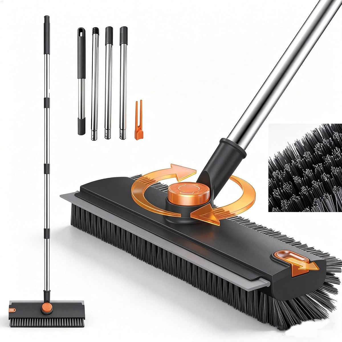 3-in-1 Floor Scrub Brush with Long Handle, Rotating Head Squeegee & Tweezer