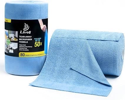 LIVOS Microfiber Cleaning Cloth Roll - 80 Pack, Reusable Paper Towels Blue Tear Away, Microfiber Towels for Cars, Super 