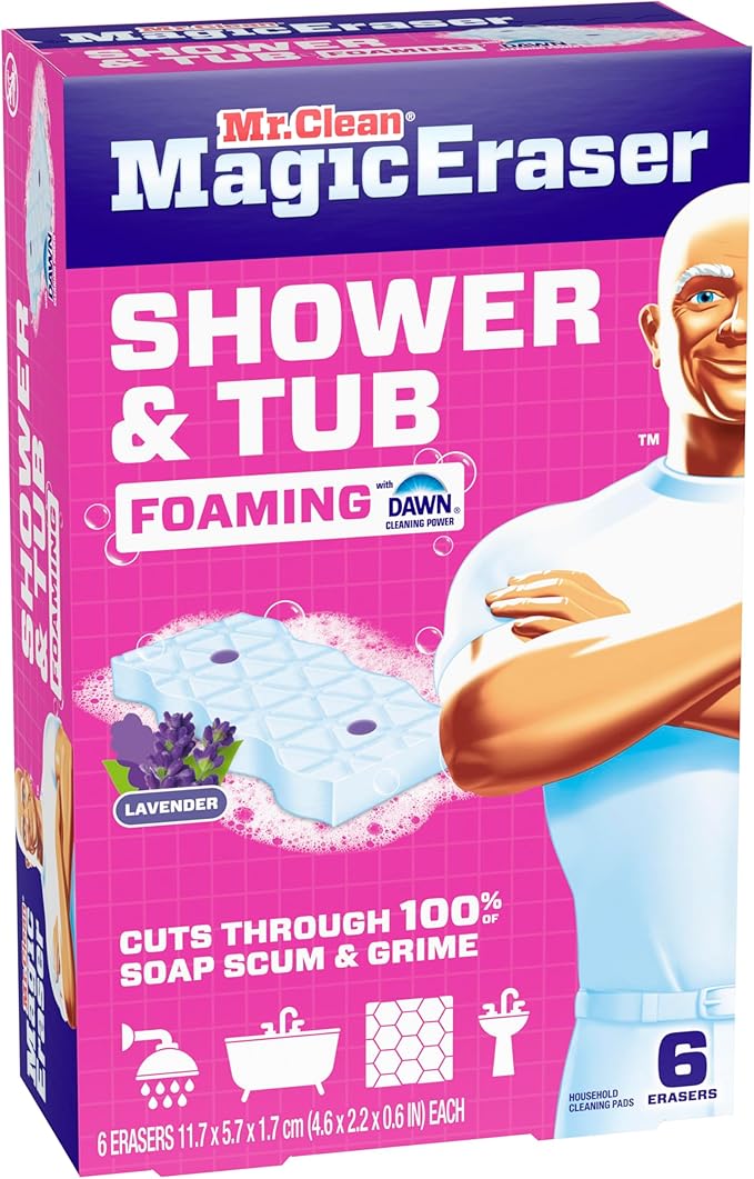 Mr. Clean Magic Eraser Sponge, Bathroom, Shower, Tub Cleaner, Soap Scum Remover, Bathroom Cleaning Supplies, Dawn Cleaning Power with Lavender Scent, Shower & Tub, 6ct