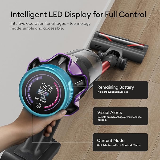 Ultenic Cordless Vacuum Cleaner, 55KPA/650W/80Mins, Cordless Stick Vacuum with 180°Bendable Wand, Touch Screen, Anti-Tangle Brush, Self-Standing, Vacuum Cleaners for Home/Floor/Pet Hair/Carpets