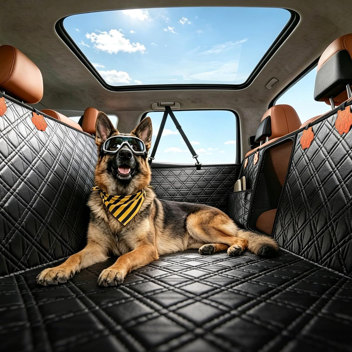 Back Seat Extender for Dogs, PU Leather Dog Car Seat Cover for Back Seat with Hard Bottom, Dog Hammock with Mesh Window, Dog Car Seat Cover for Sedans SUVs Small Trucks, Holds 440 lbs