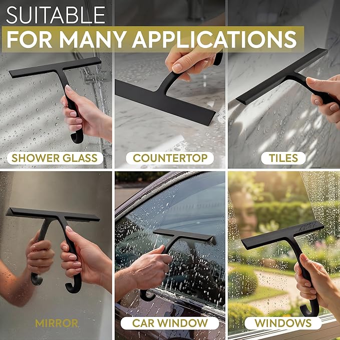GÜTEWERK Shower Squeegee for Glass Doors – Bathroom Squeegee for Shower Glass & Tile Walls, Streak-Free & No-Squeak Silicone Blade, Stainless Steel Core, Hang Hook + Suction Cup, Black, 10 Inch