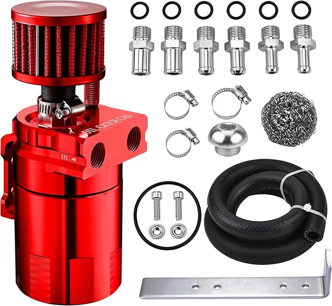 EVIL ENERGY Oil Catch Can, Universal Baffled Catch Can Kit with Breather Filter, 300ml Aluminum Air Oil Separator Tank NBR Fuel Hose Kits for PCV System Red
