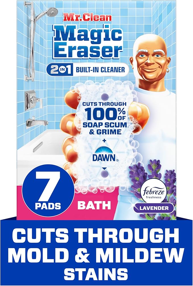 Mr. Clean Magic Eraser Sponge, Bathroom Cleaner, Shower Cleaner, Tub Cleaner, Soap Scum Remover, Bathroom Cleaning Supplies, Dawn Cleaning Power with Febreze Lavender Scent, 2 in 1 Bath, 7ct