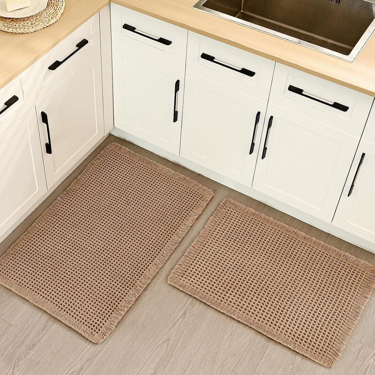 Luxury Waffle Bath Mat, Super Absorbent Non Slip Bathroom Rugs, Boho Ultra Soft Comfort Machine Washable Quick Dry Floor Mats with Tassels (Brown, 17" x 24" + 20" x 30")