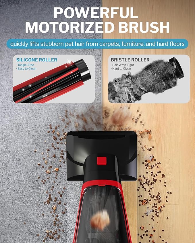 Powools Pet Hair Handheld Vacuum Cordless, Car Vacuum Rechargeable with Reusable Filters, Motorized Brush and Multi-Accessories for Carpet, Couch & Stairs, Red, 17.0"X 4.6"X 6.6"