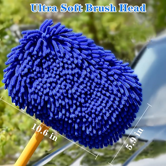 Mveqrrn Upgrade Car Wash Brush with Long Handle,Car Wash Brush Car Cleaning Brush Kit Car Wash Mop Car Wash Brush with Telescopic Pole Car Washing Brush with Scratch-Free Replacement Head(Blue