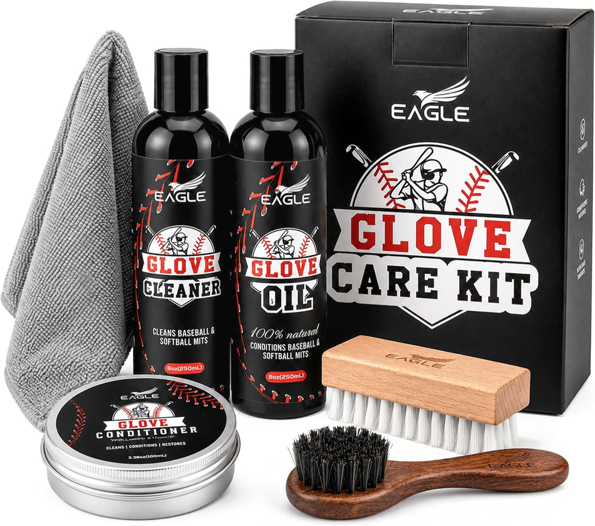 Baseball Glove Care Kit – Glove Cleaner (8oz), Oil (8oz), Conditioner (3.38oz), 2 Applicators & Cloth – Complete Leather Glove Maintenance Kit for Baseball, Softball, Catcher’s Mitts & More