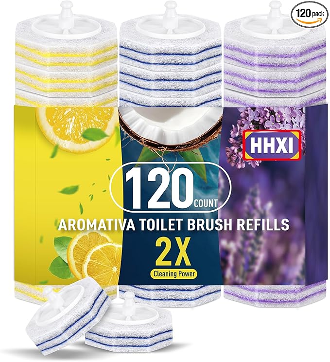 120Ct Aromative Toilet Brush Refills, Toilet Bowl Cleaner Refills, Double-Layer Cleaning Pads Added, Disposable Refill Heads for Toilet Bowl Cleaner Wands，Bulk （Patented）